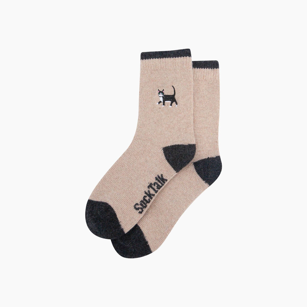 Black Cat Embroidered Wool Crew Socks – Oatmeal