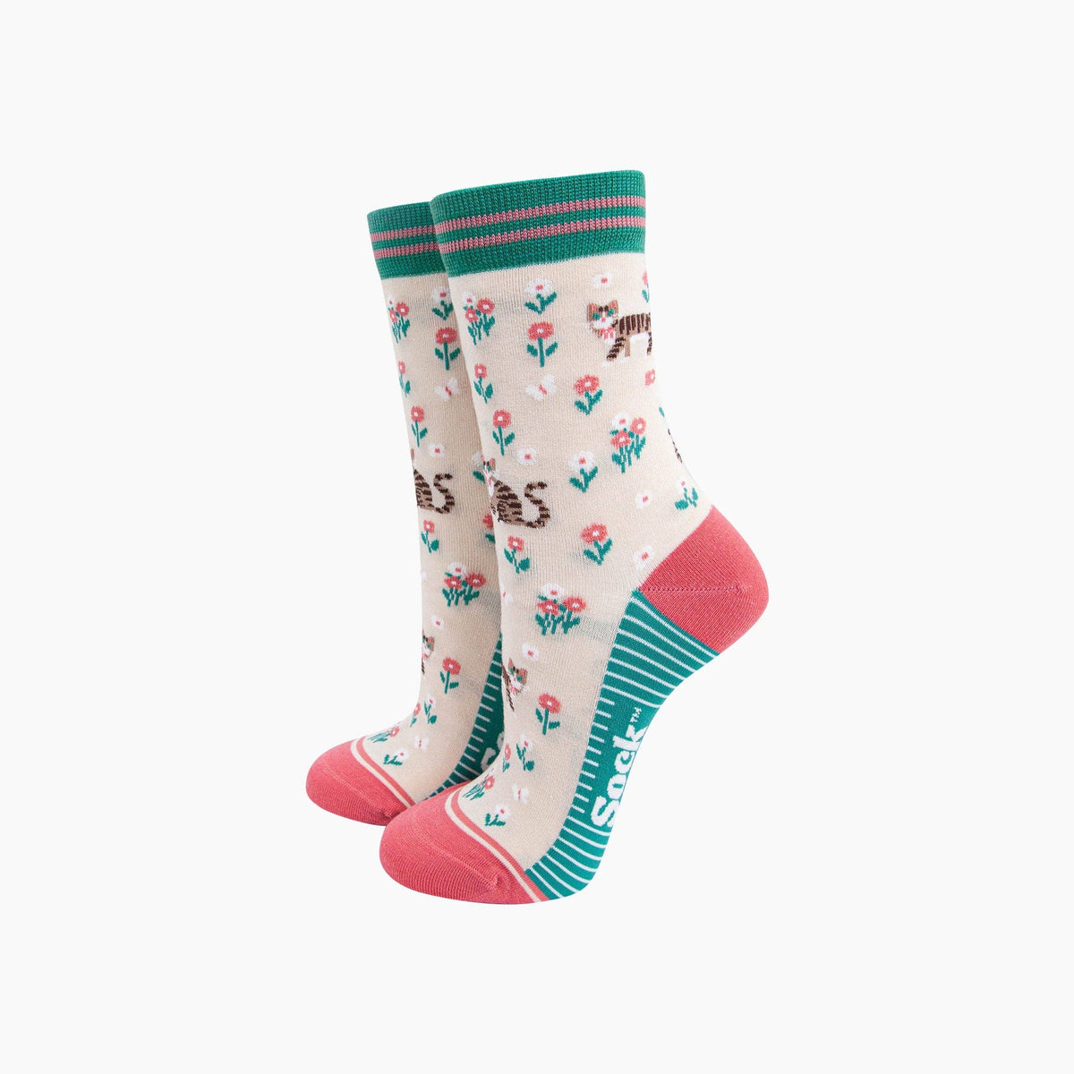 Tabby Cat Bamboo Crew Socks - Cream
