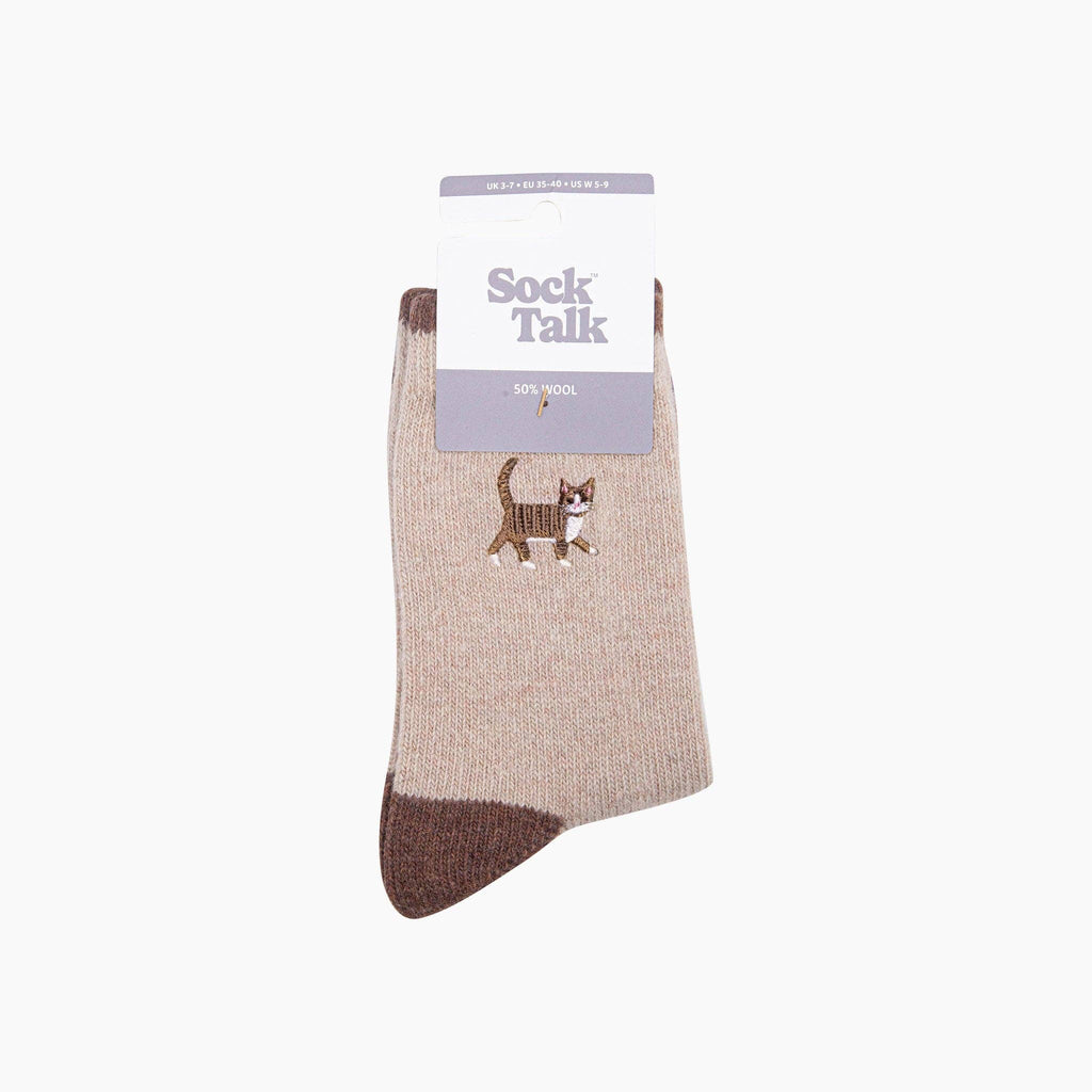 Tabby Cat Embroidered Wool Crew Socks – Beige