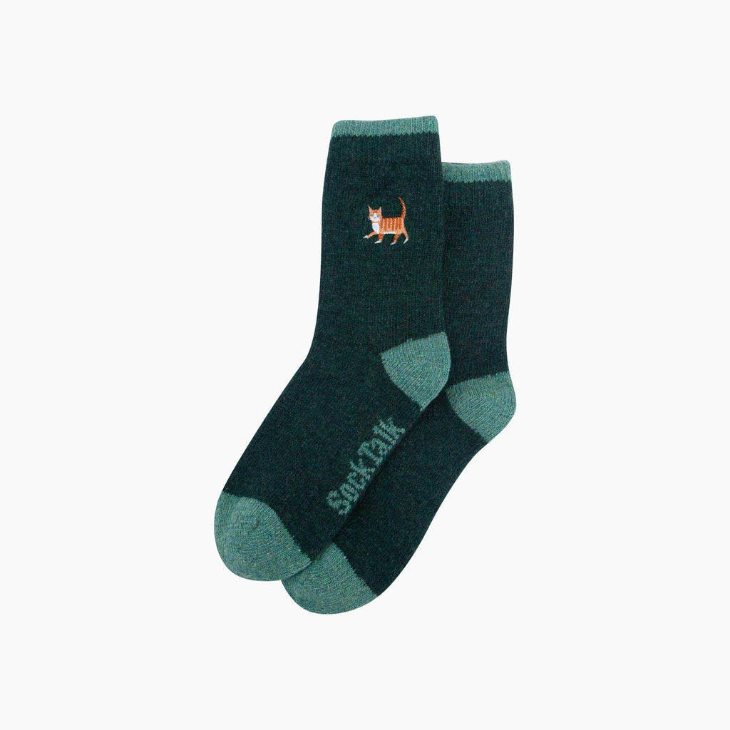 Ginger Cat Embroidered Wool Crew Socks – Forest Green