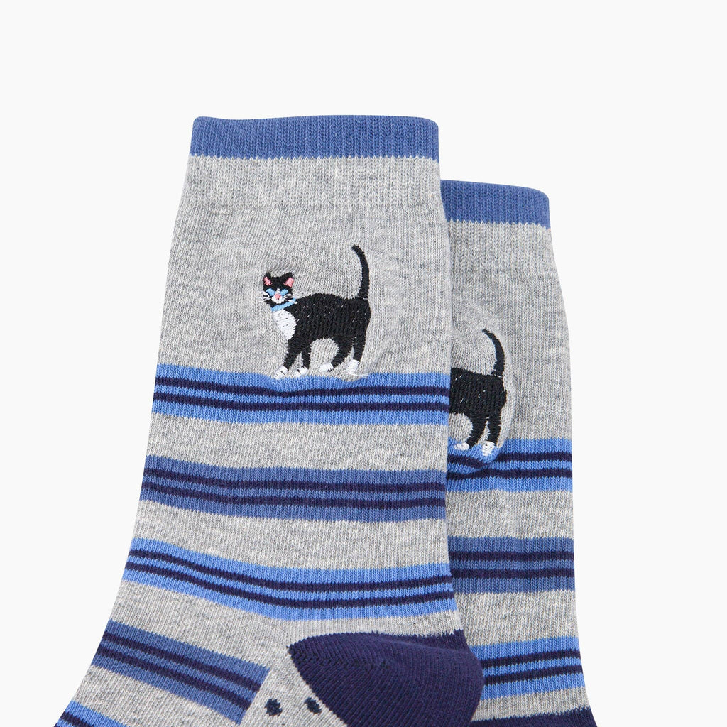 Embroidered Tuxedo Cat Cotton Crew Socks - Grey