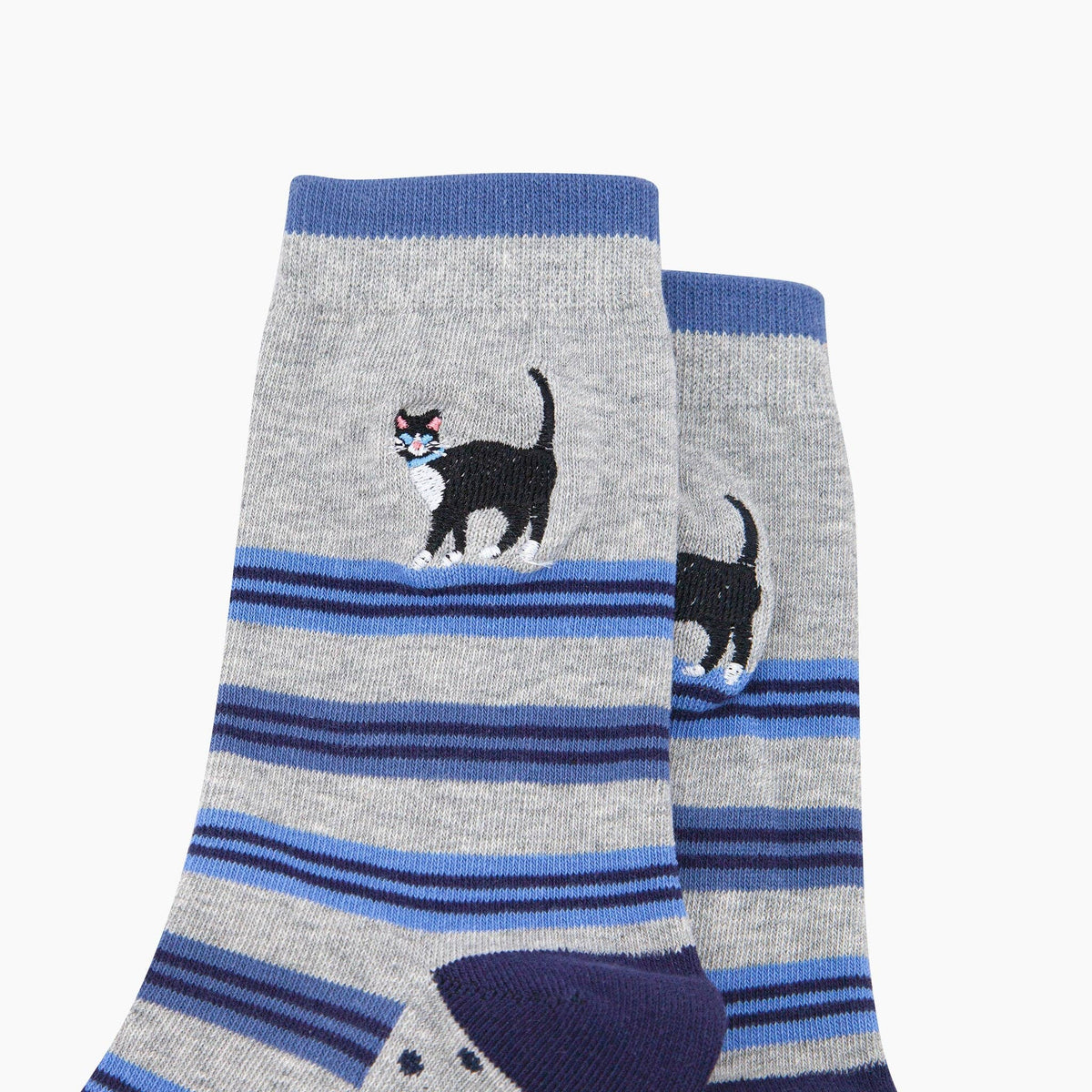 Embroidered Tuxedo Cat Cotton Crew Socks - Grey