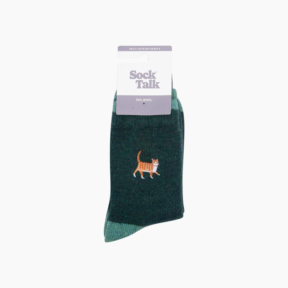 Ginger Cat Embroidered Wool Crew Socks – Forest Green