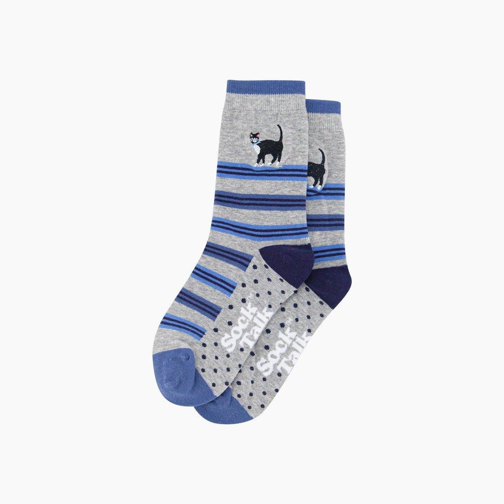 Embroidered Tuxedo Cat Cotton Crew Socks - Grey