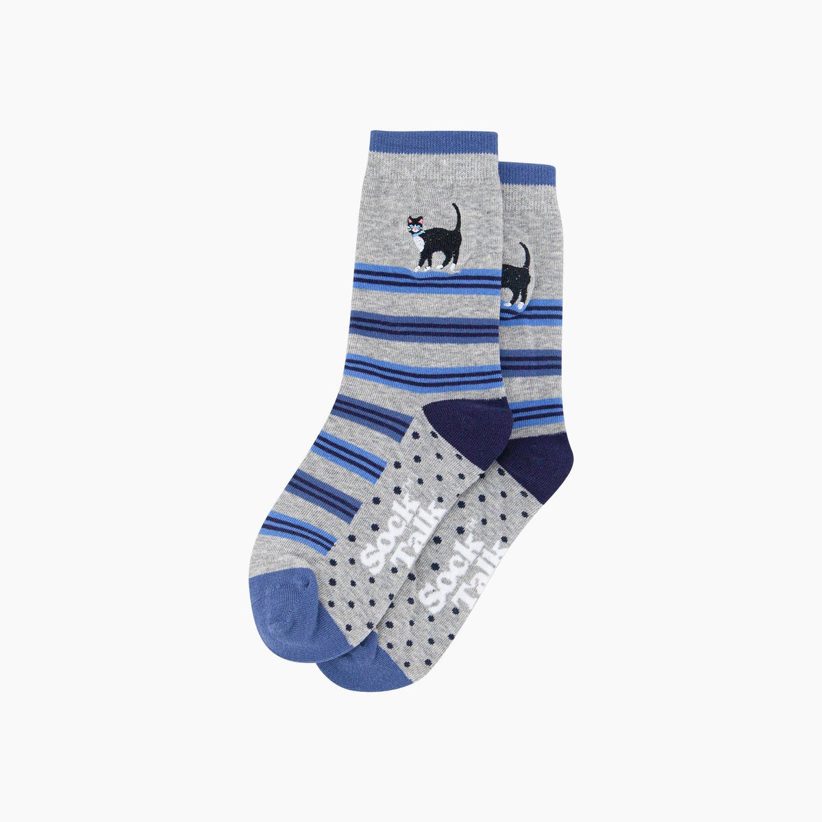 Embroidered Tuxedo Cat Cotton Crew Socks - Grey