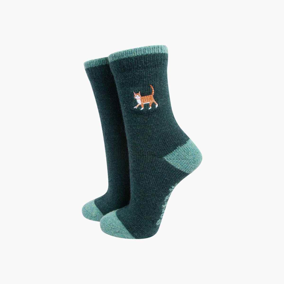 Ginger Cat Embroidered Wool Crew Socks – Forest Green