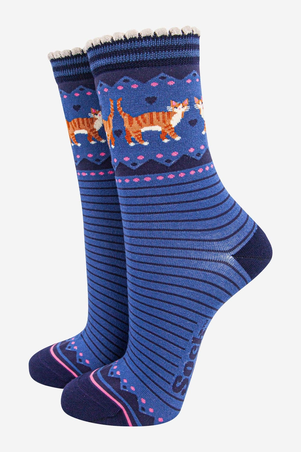 Ginger Cat Bamboo Crew Socks, Scalloped Cuff