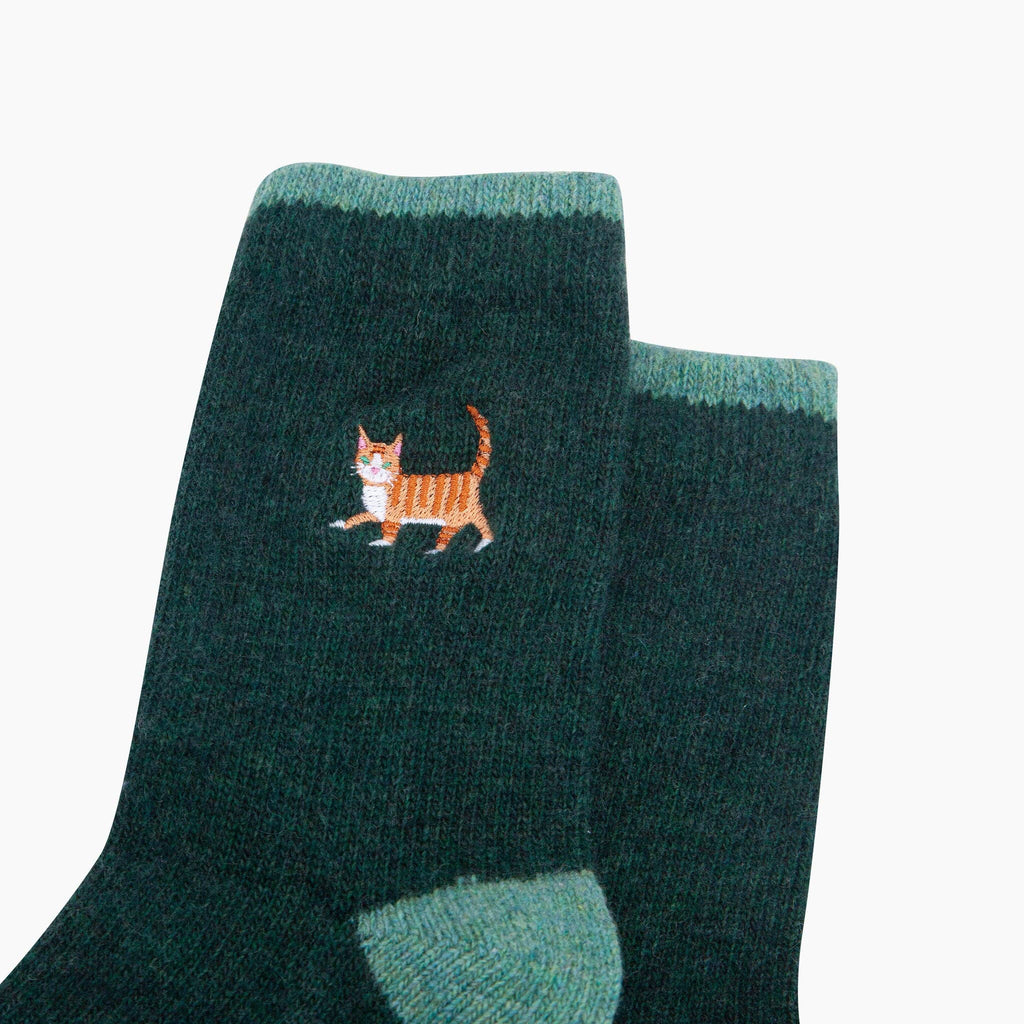 Ginger Cat Embroidered Wool Crew Socks – Forest Green