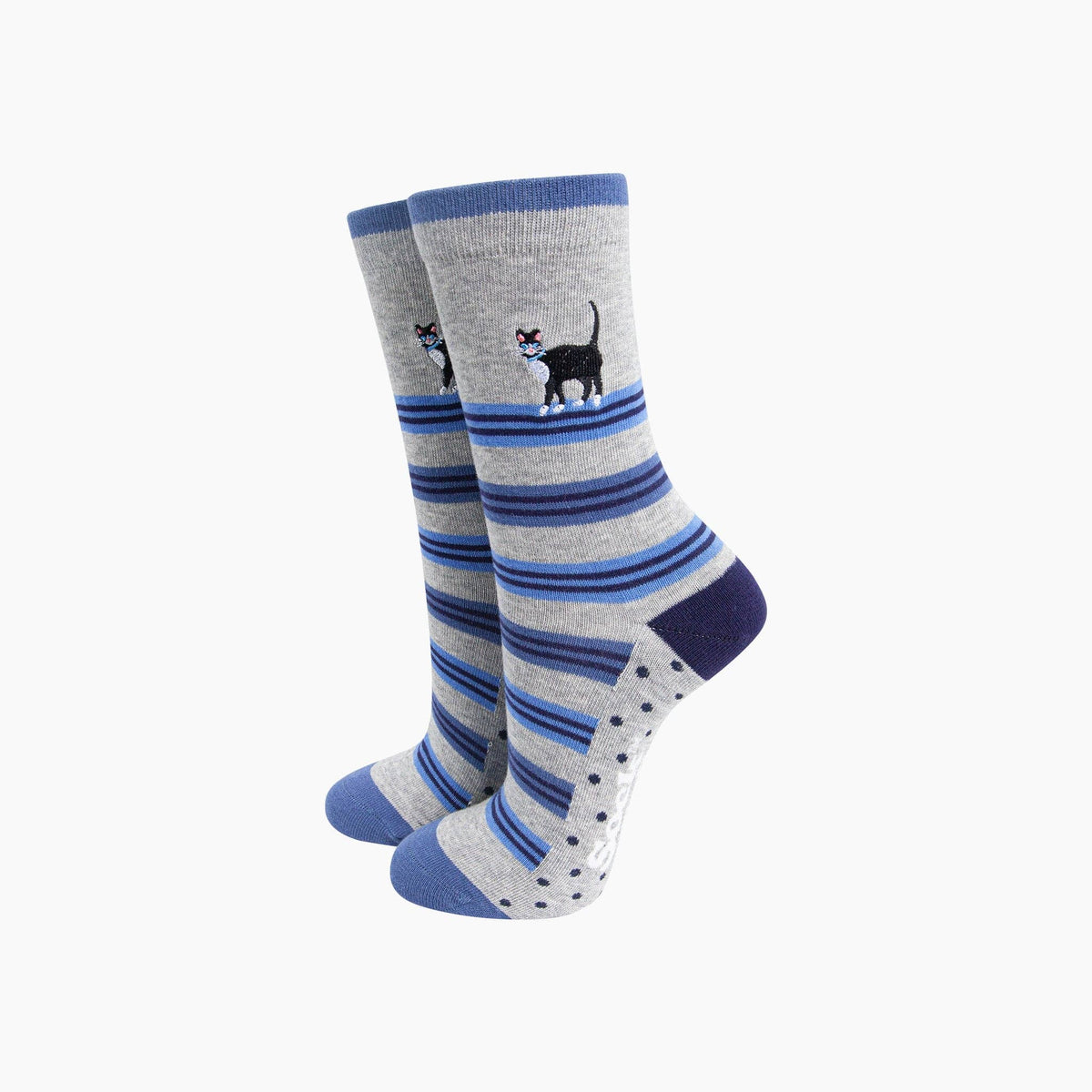 Embroidered Tuxedo Cat Cotton Crew Socks - Grey