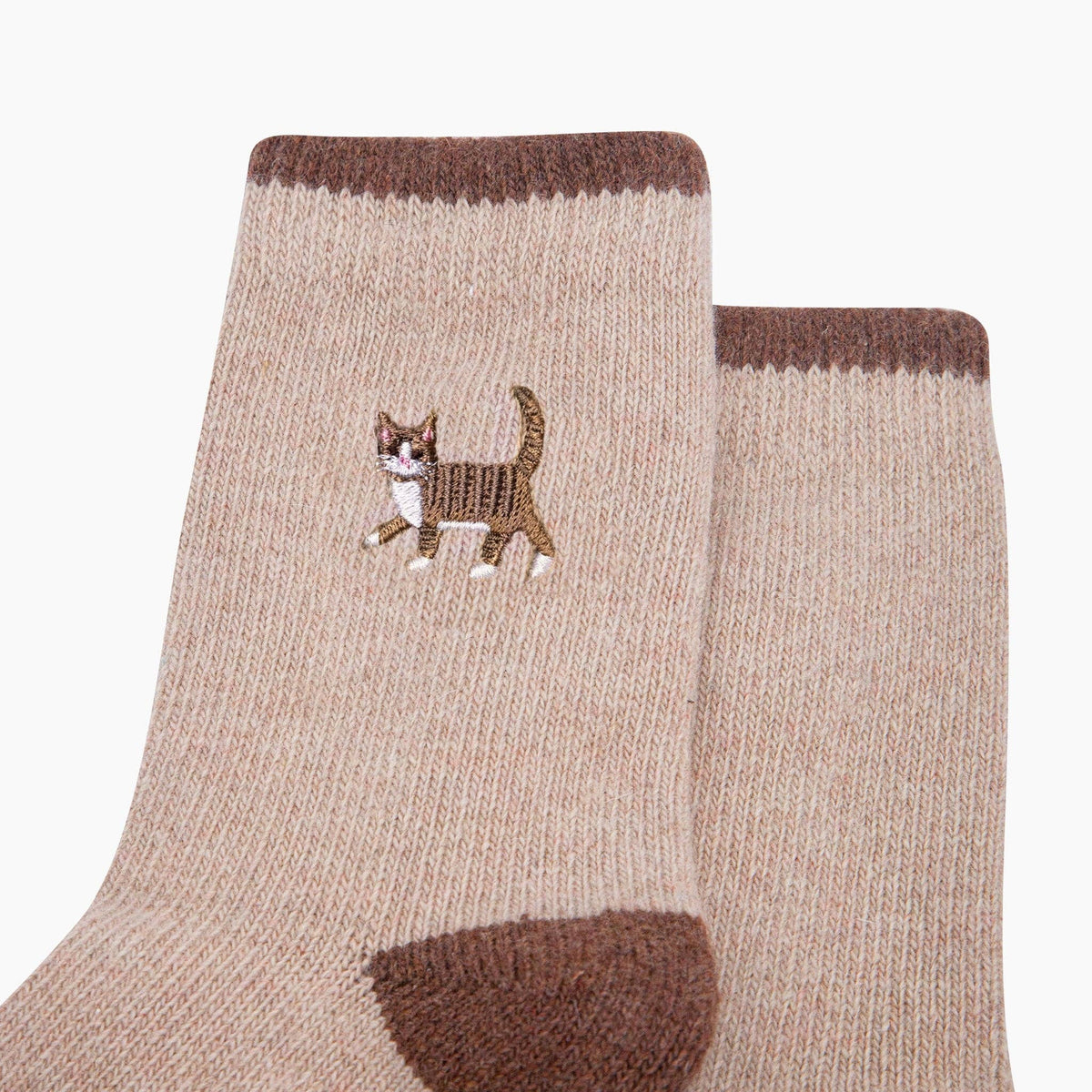 Tabby Cat Embroidered Wool Crew Socks – Beige