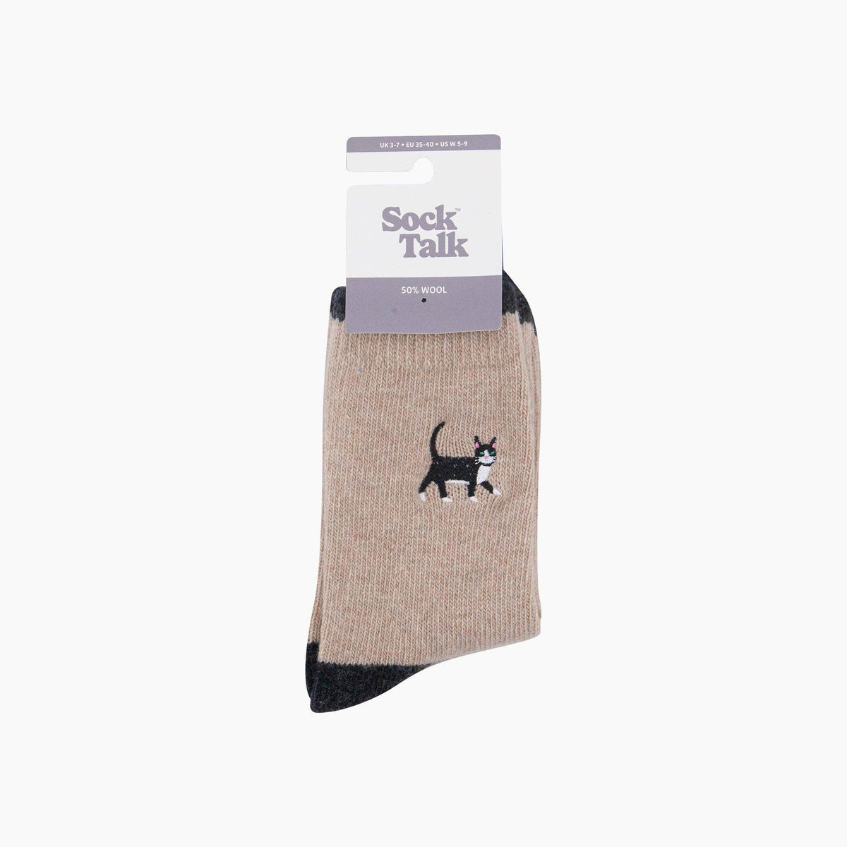 Black Cat Embroidered Wool Crew Socks – Oatmeal
