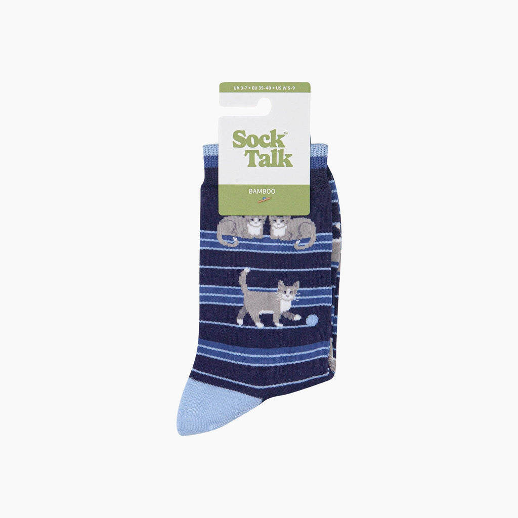 Playful Kitty Cat Bamboo Crew Socks - Navy Blue