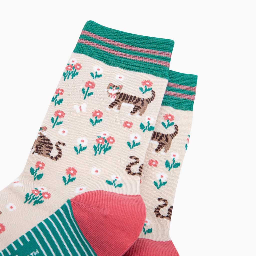 Tabby Cat Bamboo Crew Socks - Cream
