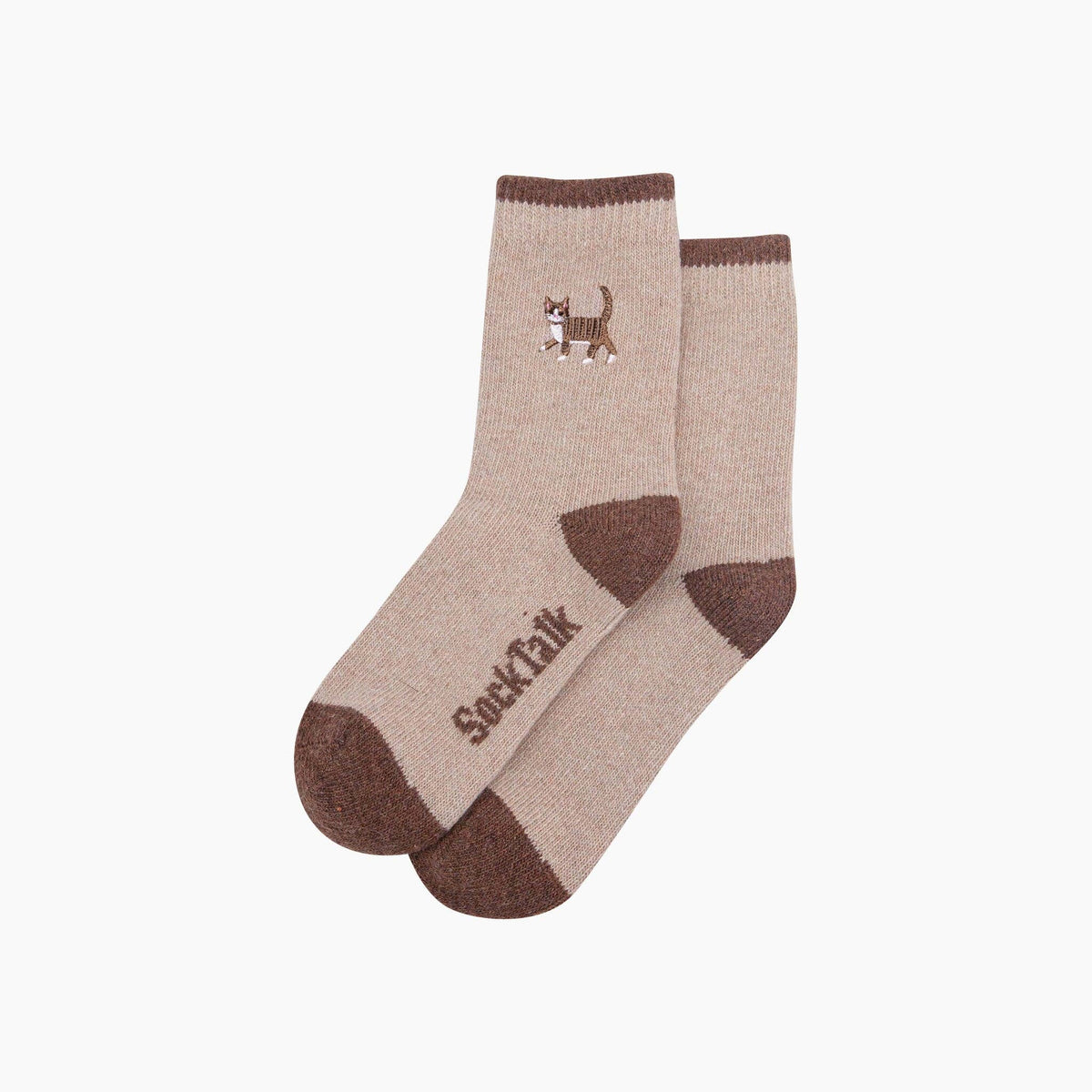 Tabby Cat Embroidered Wool Crew Socks – Beige