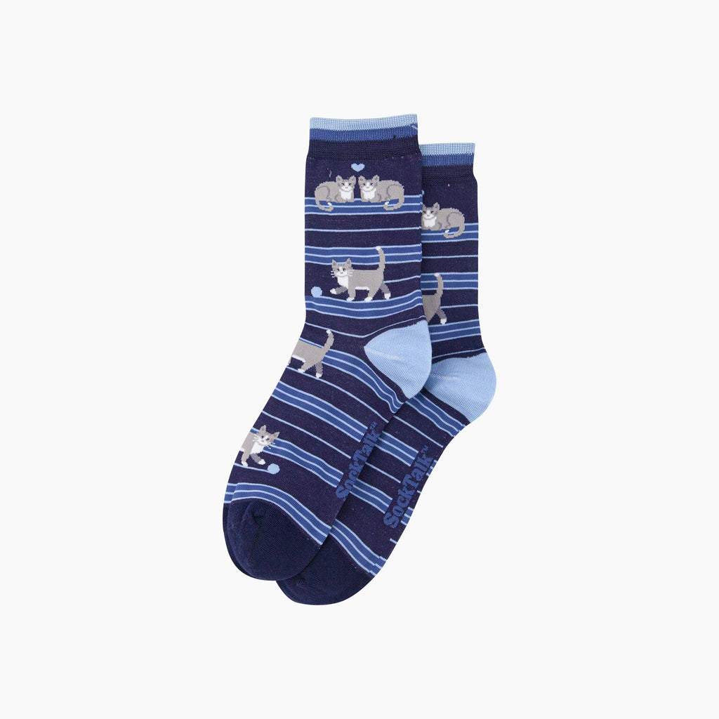 Playful Kitty Cat Bamboo Crew Socks - Navy Blue