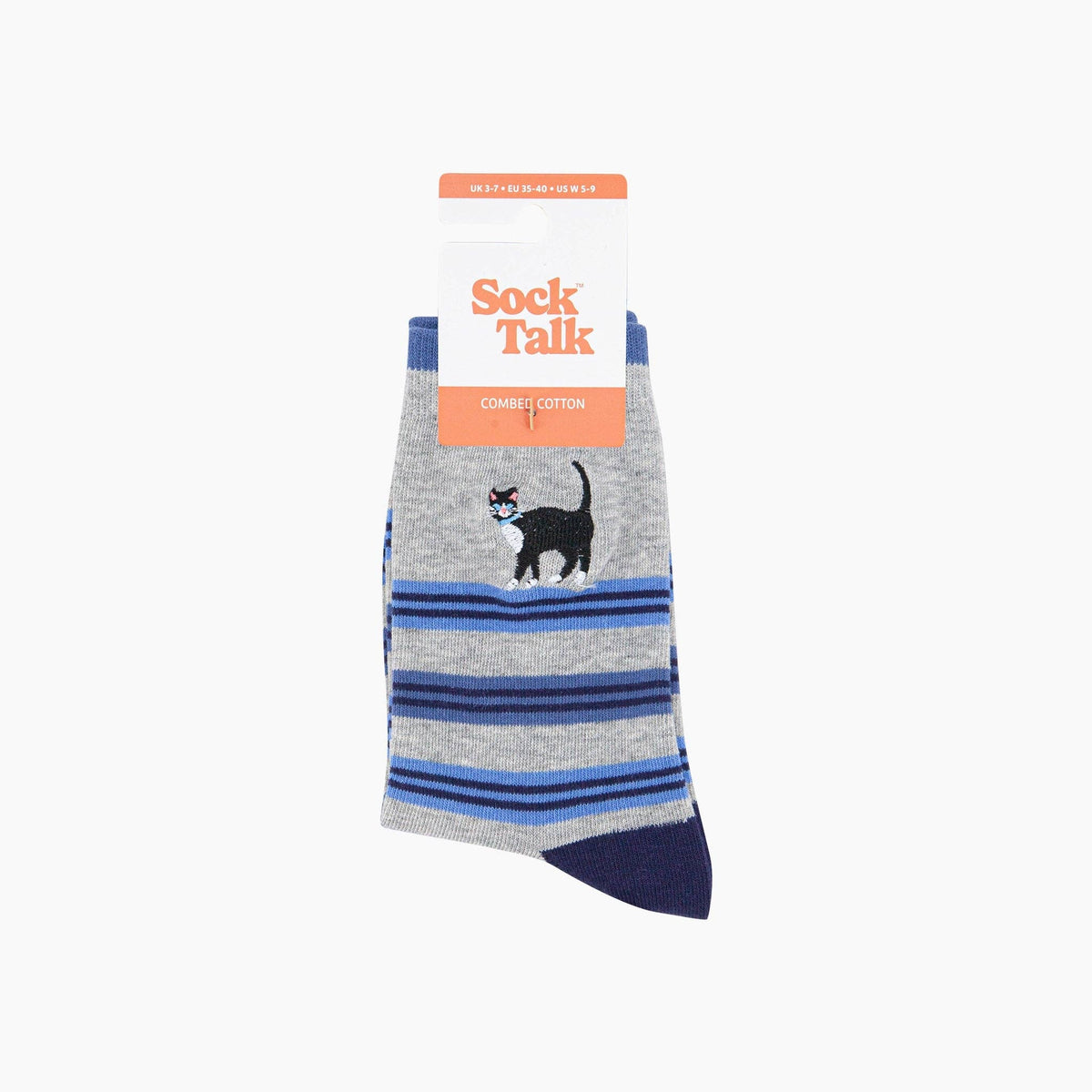 Embroidered Tuxedo Cat Cotton Crew Socks - Grey